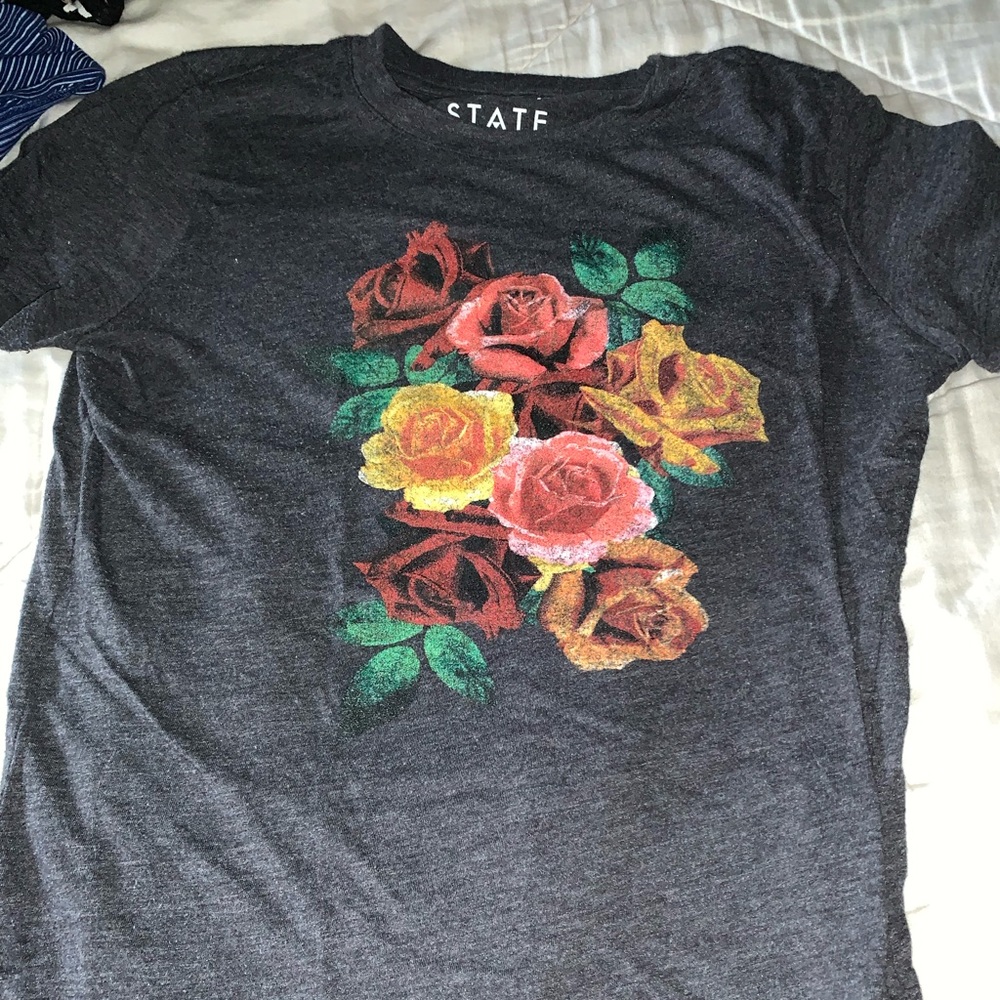 grey t-shirt with floral pattern